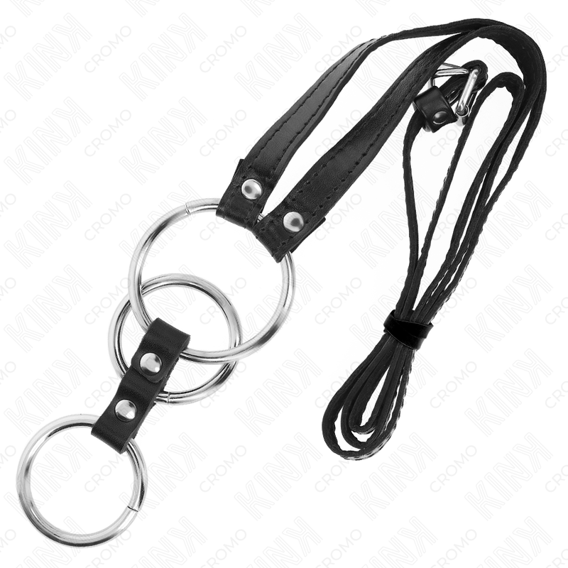 KINK - TROJNI KOVINSKI OBROČEK ZA PENIS OD 3,8 CM DO 5 CM Z USNJENIM PASOM 112 CM