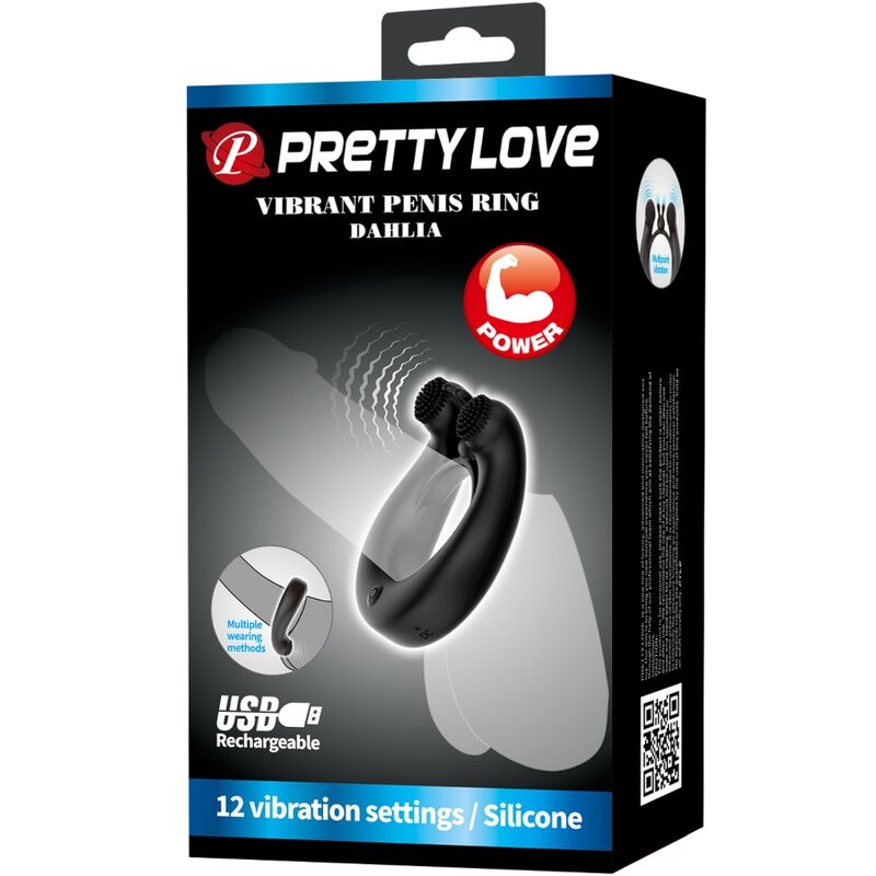 PRETTY LOVE - VIBRACIJSKI OBROČEK S STIMULACIJO KLITORISA 12 VIBRACIJ ČRNA