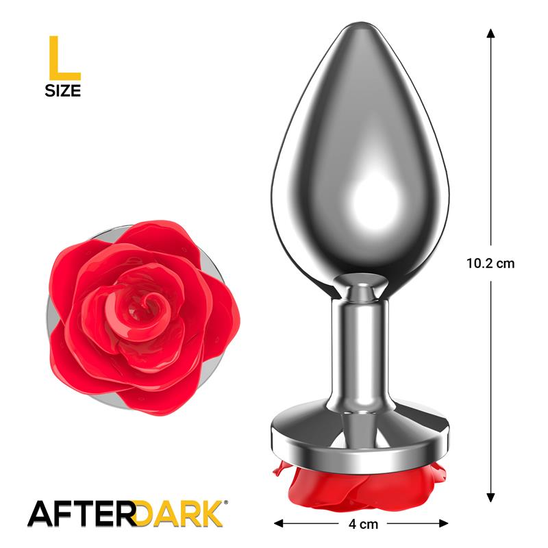 Silver Metal Anal Plug with Red Rose Base Size L