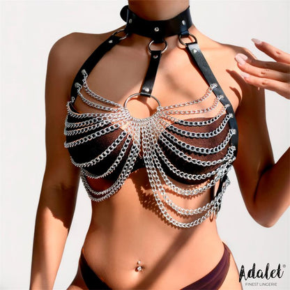 Samara Vegan Leather Chest Harness with Chain One size