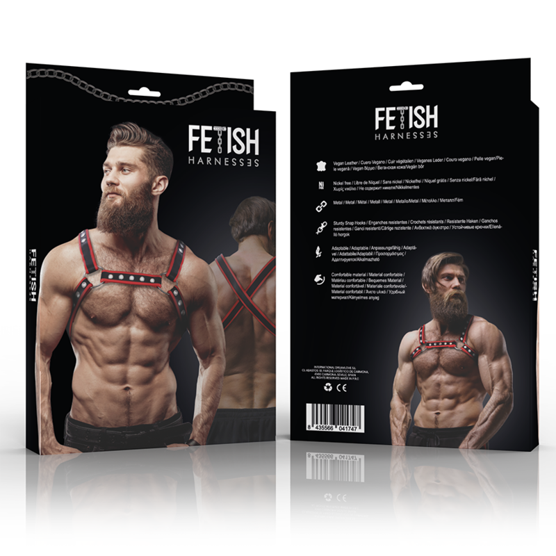 FETISH SUBMISSIVE ATTITUDE - MENS ECO-LEATHER CHEST BULLDOG HARNESS BLACK/RED