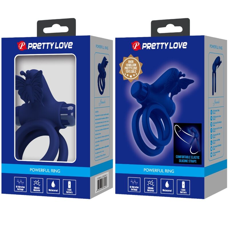 PRETTY LOVE - DVOJNI PRSTAN JAMELE Z VIBRACIJO IN STIMULATORJEM METULJEV MODRE BARVE