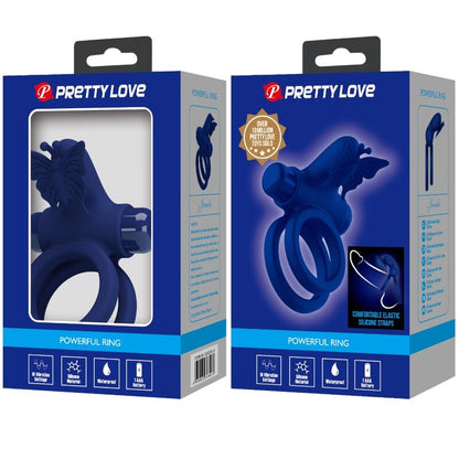 PRETTY LOVE - DVOJNI PRSTAN JAMELE Z VIBRACIJO IN STIMULATORJEM METULJEV MODRE BARVE