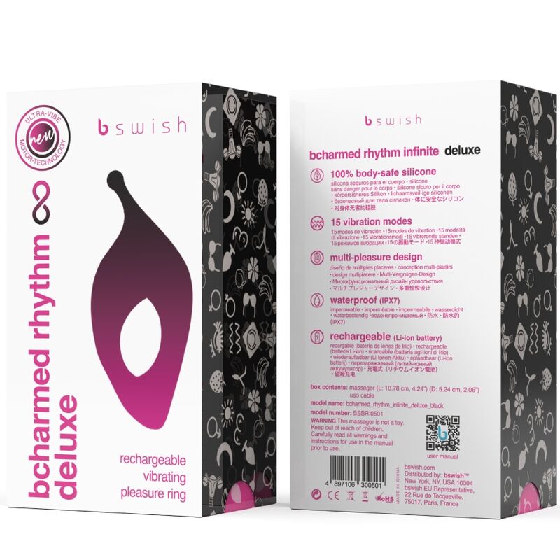 B SWISH - BCHARMED RHYTHM INFINITE DELUXE OBROČEK ZA PENIS 15 VIBRACIJ ČRNA