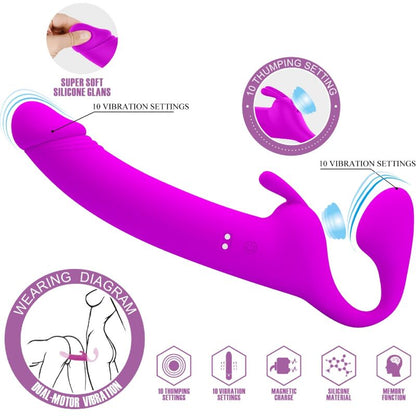 PRETTY LOVE - ZANINI STRAPLESS STRAP-ON 10 VIBRACIJ VIJOLIČNA