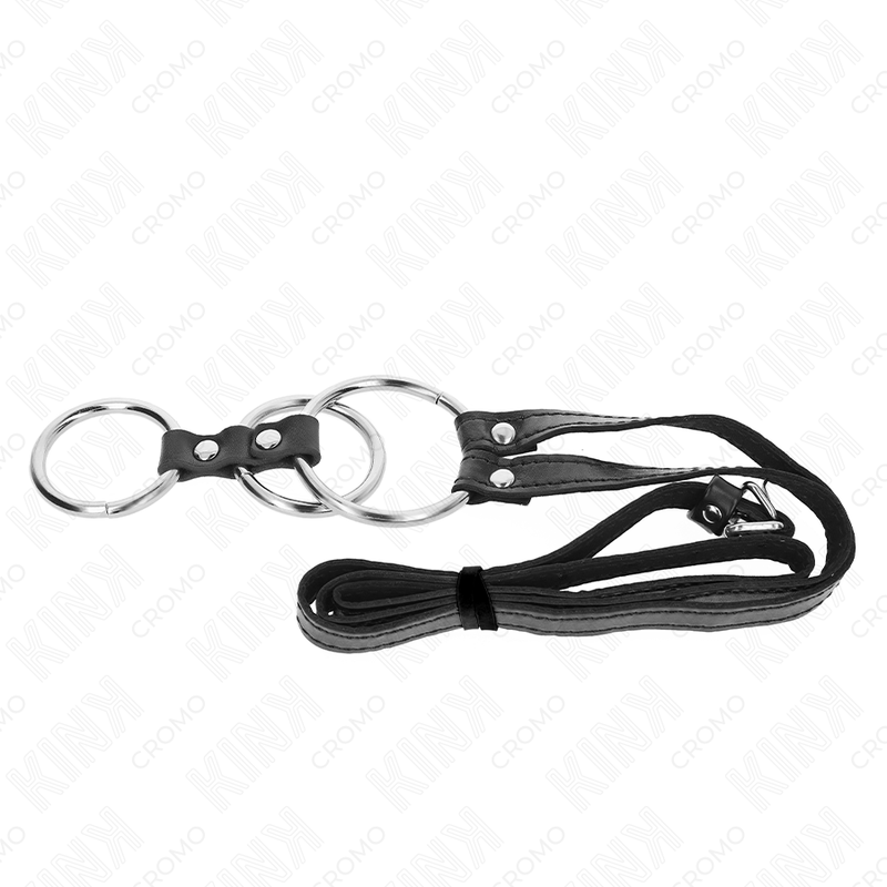 KINK - TROJNI KOVINSKI OBROČEK ZA PENIS OD 3,8 CM DO 5 CM Z USNJENIM PASOM 112 CM