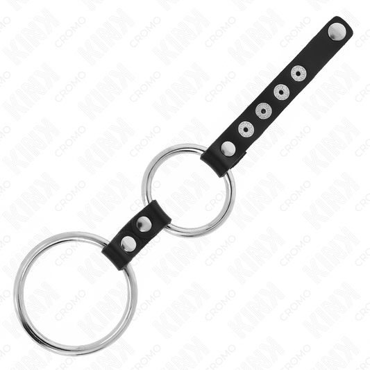 KINK - DVOJNI KOVINSKI OBROČEK ZA PENIS OD 3,8 CM DO 5 CM, POVEZAN Z USNJEM