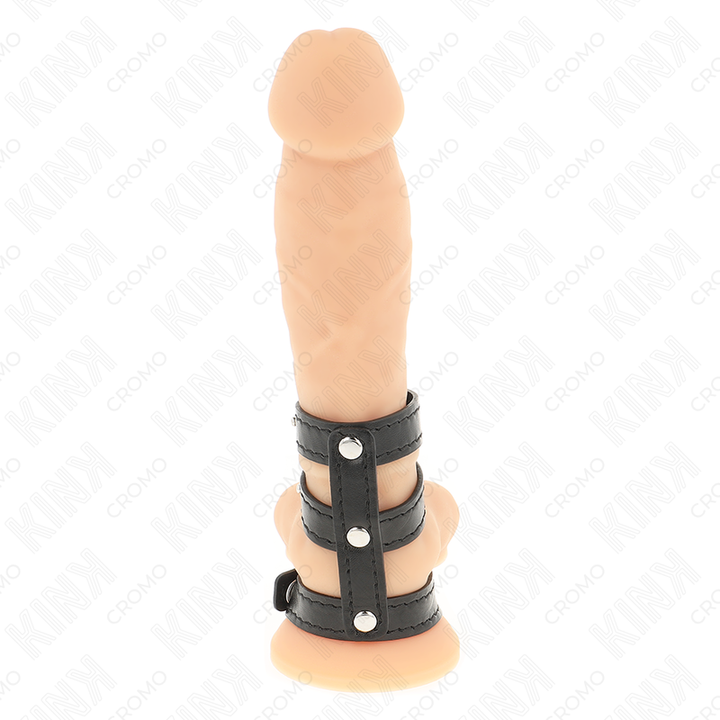 KINK - TROJNI USNJENI OBROČEK ZA PENIS Z ZAPIRANJEM POD PRITISKOM