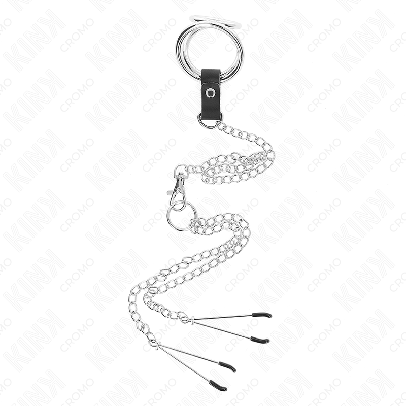 KINK - TROJNI KROMIRANI KOVINSKI OBROČEK ZA PENIS OD 3 CM DO 4,5 CM S 26 CM KOVINSKO VERIŽICO IN SPONKAMI ZA BRADAVIČKE