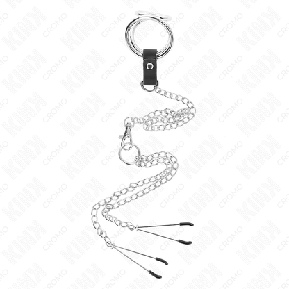 KINK - TROJNI KROMIRANI KOVINSKI OBROČEK ZA PENIS OD 3 CM DO 4,5 CM S 26 CM KOVINSKO VERIŽICO IN SPONKAMI ZA BRADAVIČKE