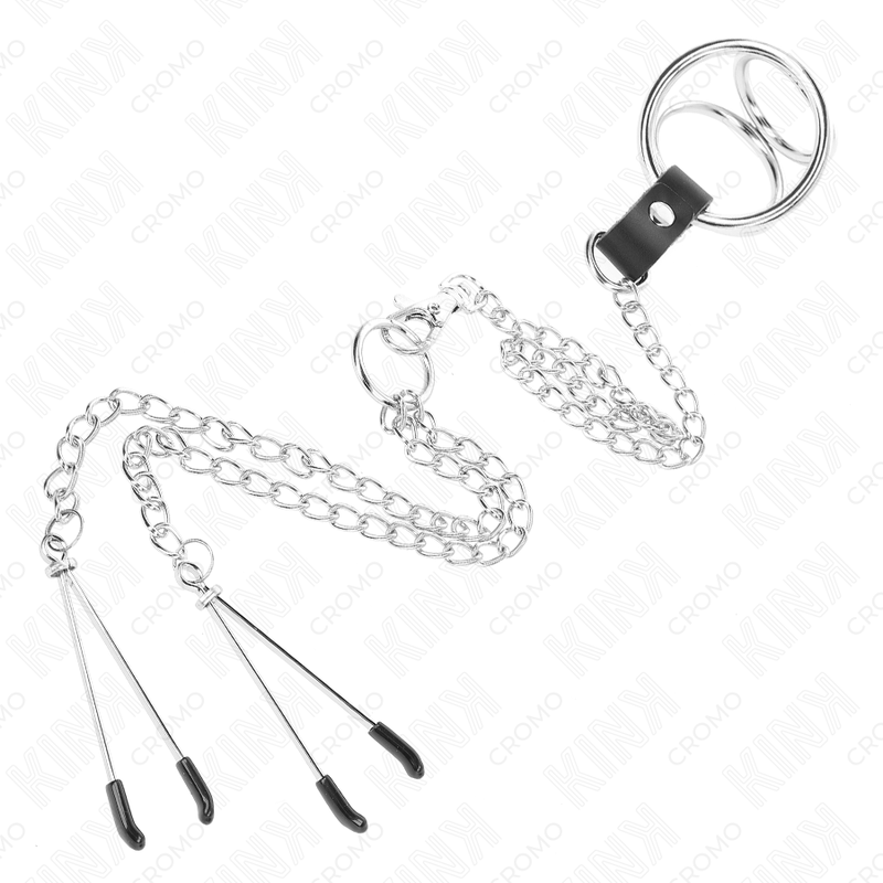 KINK - TROJNI KROMIRANI KOVINSKI OBROČEK ZA PENIS OD 3 CM DO 4,5 CM S 26 CM KOVINSKO VERIŽICO IN SPONKAMI ZA BRADAVIČKE