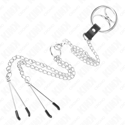 KINK - TROJNI KROMIRANI KOVINSKI OBROČEK ZA PENIS OD 3 CM DO 4,5 CM S 26 CM KOVINSKO VERIŽICO IN SPONKAMI ZA BRADAVIČKE