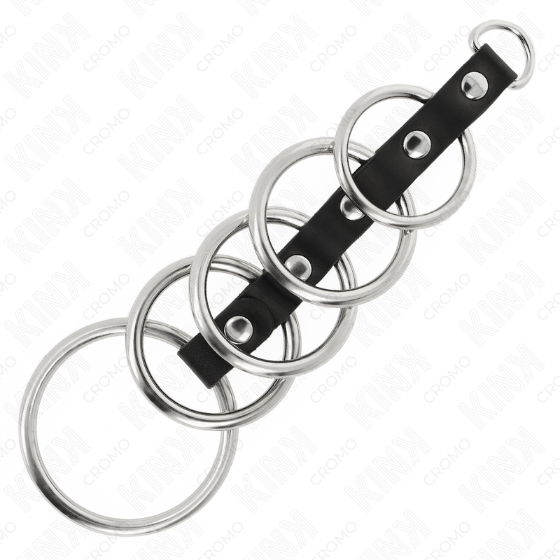 KINK - 5 KOVINSKIH OBROČKOV ZA PENIS OD 3,2 CM DO 5 CM, POVEZANIH Z USNJEM