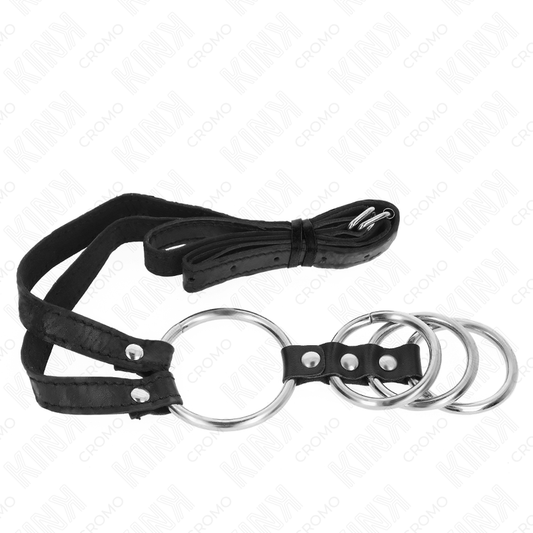 KINK - 4 POVEZANI KOVINSKI OBROČKI ZA PENIS OD 3,8 CM DO 5 CM Z USNJENIM PASOM 112 CM