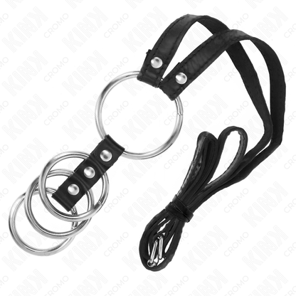 KINK - 4 POVEZANI KOVINSKI OBROČKI ZA PENIS OD 3,8 CM DO 5 CM Z USNJENIM PASOM 112 CM