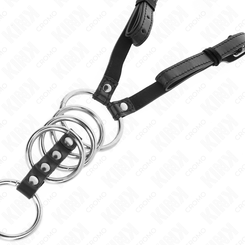 KINK - 5 OBROČKOV ZA PENIS OD 3,8 CM DO 5 CM KOVINSKI Z USNJENIM PASOM 112 CM