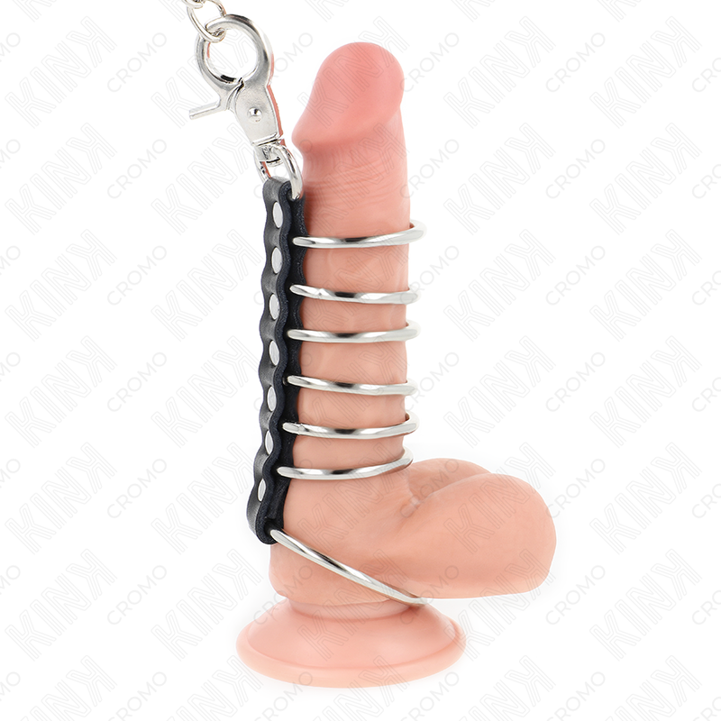 KINK - 7 KOVINSKIH OBROČKOV ZA PENIS OD 3,8 CM DO 5 CM, POVEZANIH Z USNJENO IN KOVINSKO VERIŽICO 100 CM