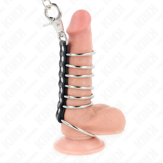 KINK - 7 KOVINSKIH OBROČKOV ZA PENIS OD 3,8 CM DO 5 CM, POVEZANIH Z USNJENO IN KOVINSKO VERIŽICO 100 CM