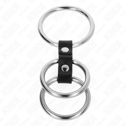 KINK - TROJNI KOVINSKI OBROČEK ZA PENIS OD 3,7 CM DO 5 CM, POVEZAN Z USNJEM