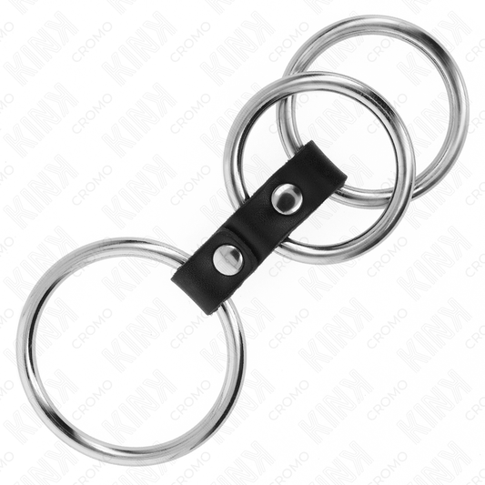 KINK - TROJNI KOVINSKI OBROČEK ZA PENIS OD 3,7 CM DO 5 CM, POVEZAN Z USNJEM