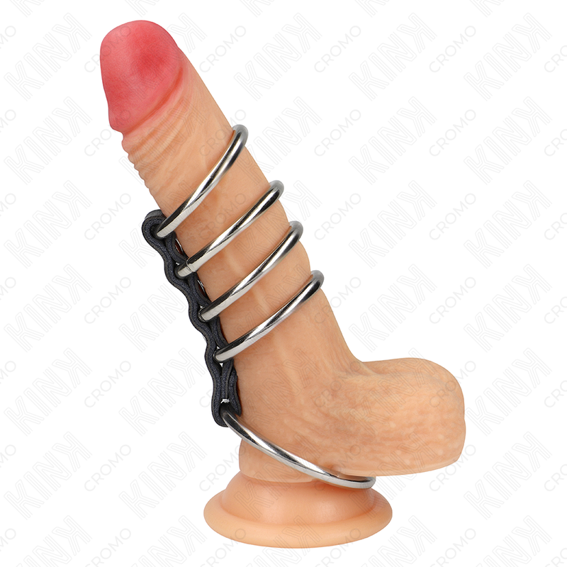 KINK - 5 OBROČKOV ZA PENIS OD 3,7 CM DO 5 CM KOVINSKIH, POVEZANIH Z USNJEM