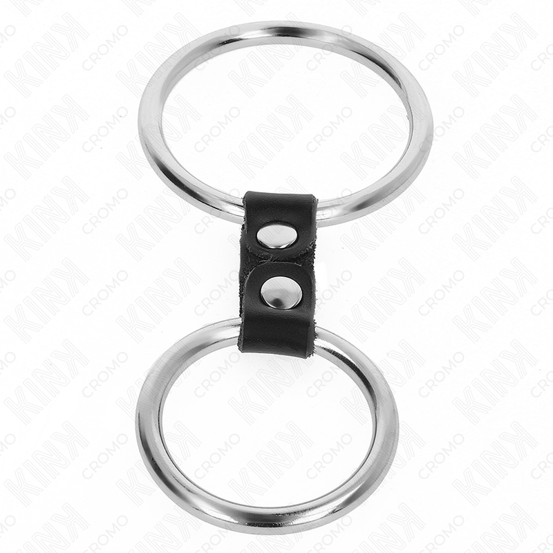 KINK - DVOJNI KOVINSKI OBROČEK ZA PENIS OD 3,7 CM DO 5 CM, POVEZAN Z USNJENIM TRAKOM MODEL 2
