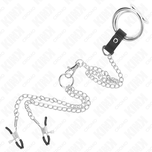 KINK - TROJNI KROMIRANI KOVINSKI OBROČEK ZA PENIS OD 3,8 CM DO 5 CM S 26 CM KOVINSKO VERIŽICO IN SPONKAMI ZA BRADAVIČKE MODEL 1