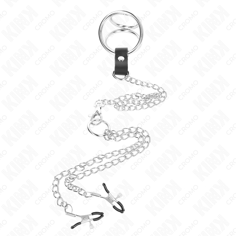 KINK - TROJNI KROMIRANI KOVINSKI OBROČEK ZA PENIS OD 3 CM DO 4,5 CM S 26 CM KOVINSKO VERIŽICO IN SPONKAMI ZA BRADAVIČKE