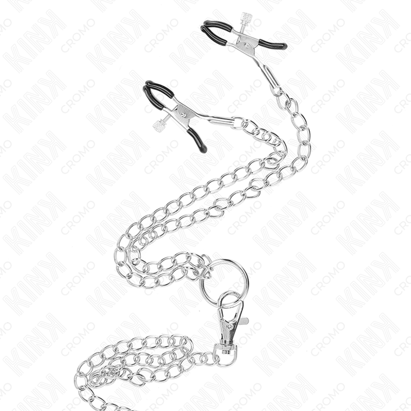 KINK - TROJNI KROMIRANI KOVINSKI OBROČEK ZA PENIS OD 3 CM DO 4,5 CM S 26 CM KOVINSKO VERIŽICO IN SPONKAMI ZA BRADAVIČKE
