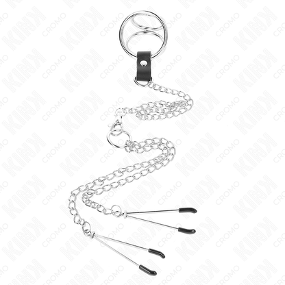 KINK - TROJNI KROMIRANI KOVINSKI OBROČEK ZA PENIS OD 3,8 CM DO 5 CM S 26 CM KOVINSKO VERIŽICO IN SPONKAMI ZA BRADAVIČKE MODEL 2