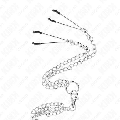 KINK - TROJNI KROMIRANI KOVINSKI OBROČEK ZA PENIS OD 3,8 CM DO 5 CM S 26 CM KOVINSKO VERIŽICO IN SPONKAMI ZA BRADAVIČKE MODEL 2