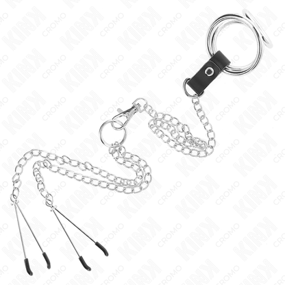 KINK - TROJNI KROMIRANI KOVINSKI OBROČEK ZA PENIS OD 3,8 CM DO 5 CM S 26 CM KOVINSKO VERIŽICO IN SPONKAMI ZA BRADAVIČKE MODEL 2