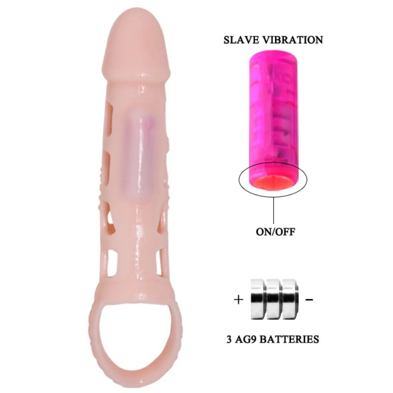 BAILE - PODALJŠEK ZA PENIS Z VIBRACIJAMI IN NARAVNIM TRAKOM 13,5 CM